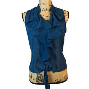 Vintage Mine Blue Sheer Ruffled Sleeveless Blouse Medium